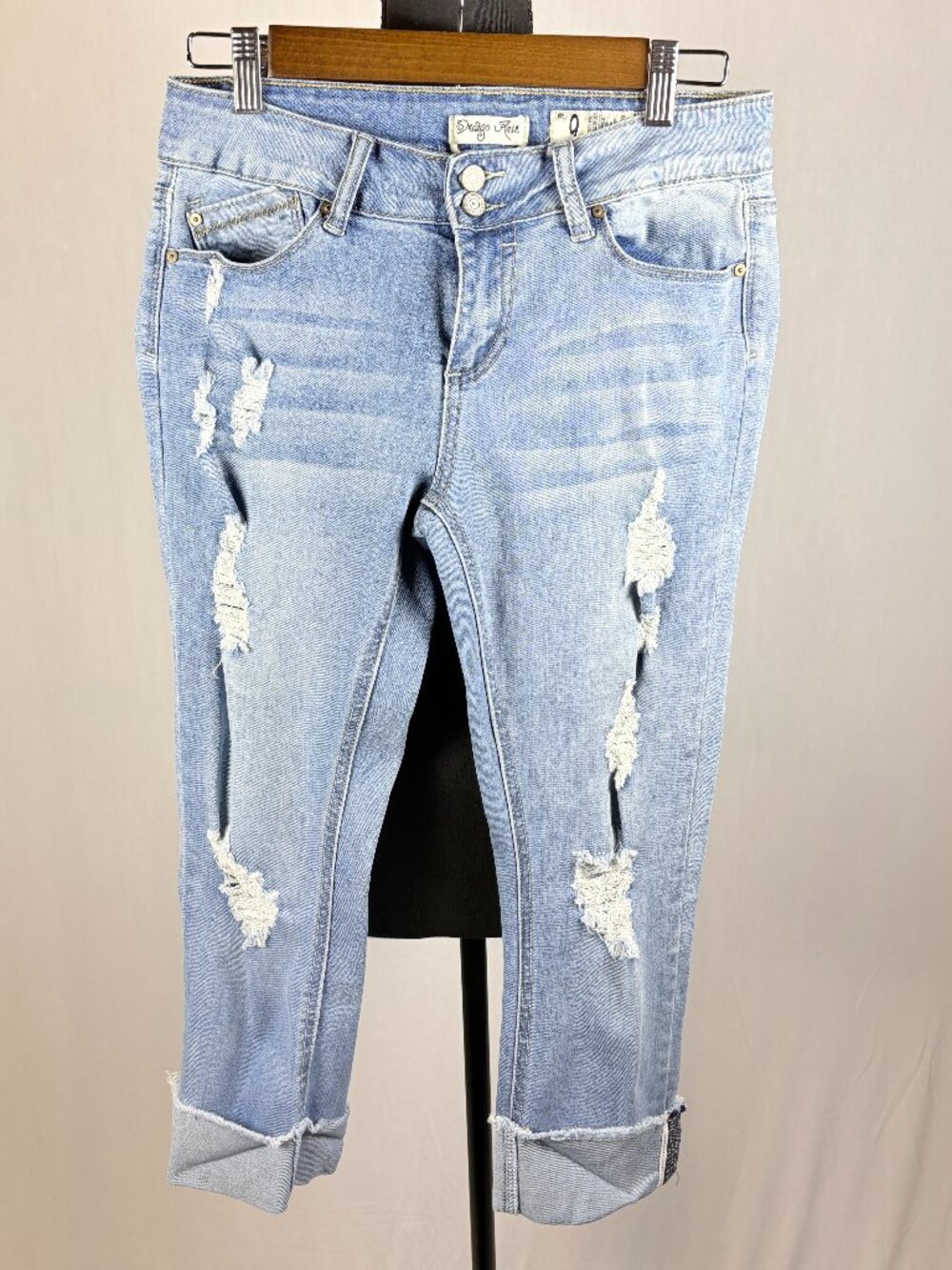 Indigo Rein | Distressed Cuffed Skinny Jeans | Sz 9 | Light Wash Stretch Denim